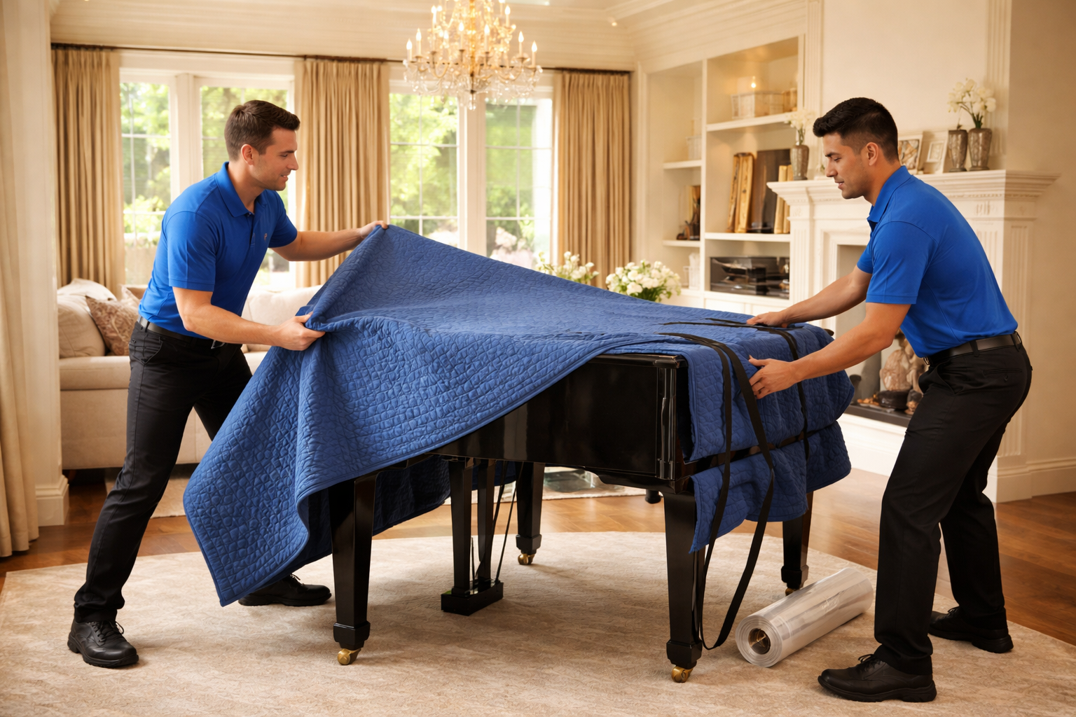 Piano movers covering a piano with moving blankets in preparation for moving.