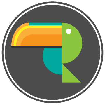 Stylized icon of a parrot with a rainbow-colored beak inside a gray circle.