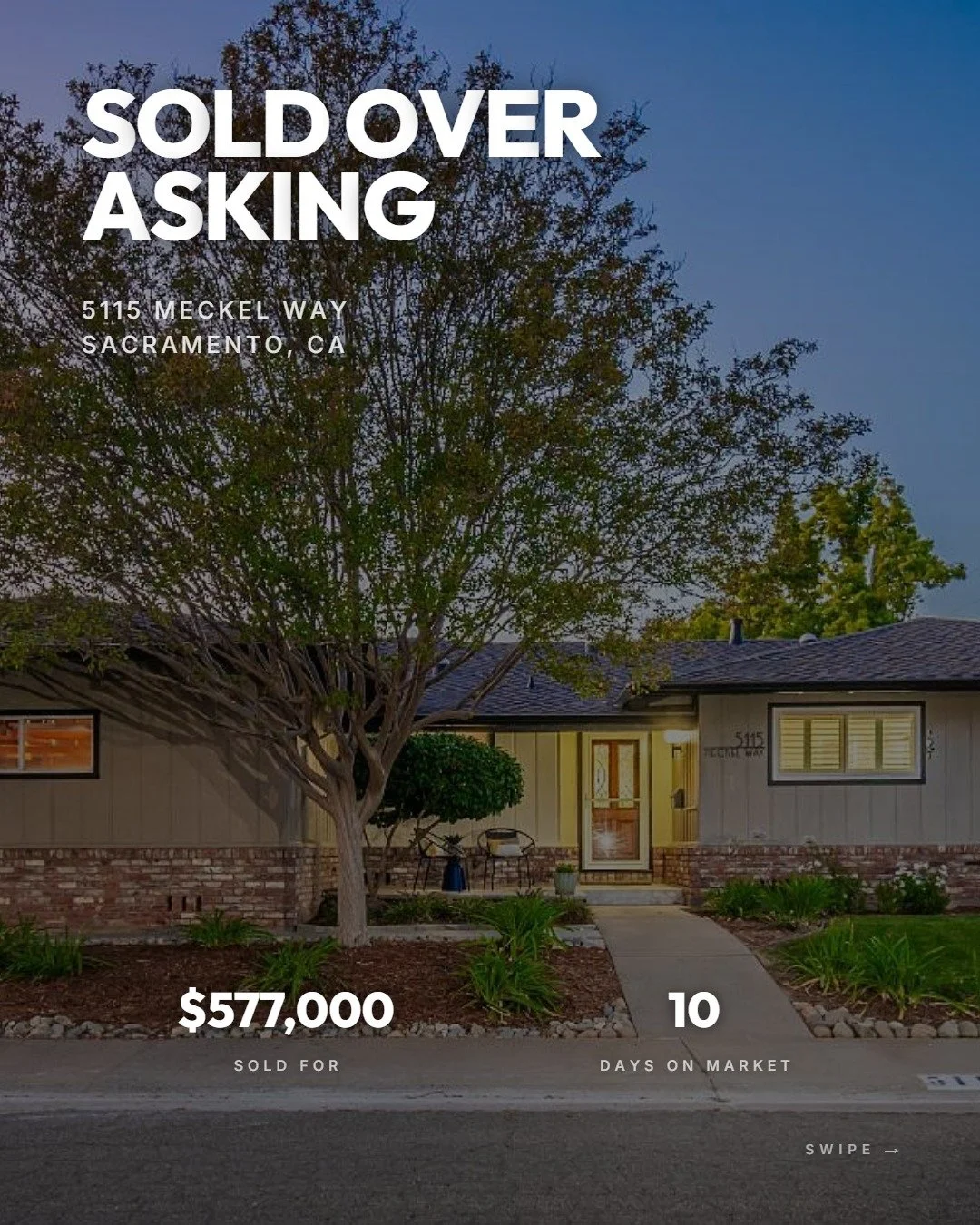 SOLD! 🎉 We achieved an result for 5115 Meckel Way. This updated ranch-style home drew in buyers with its corner lot and beautiful backyard.

To create demand, we held 5 open houses and sent 100 targeted mailers to the neighborhood. Our marketing str