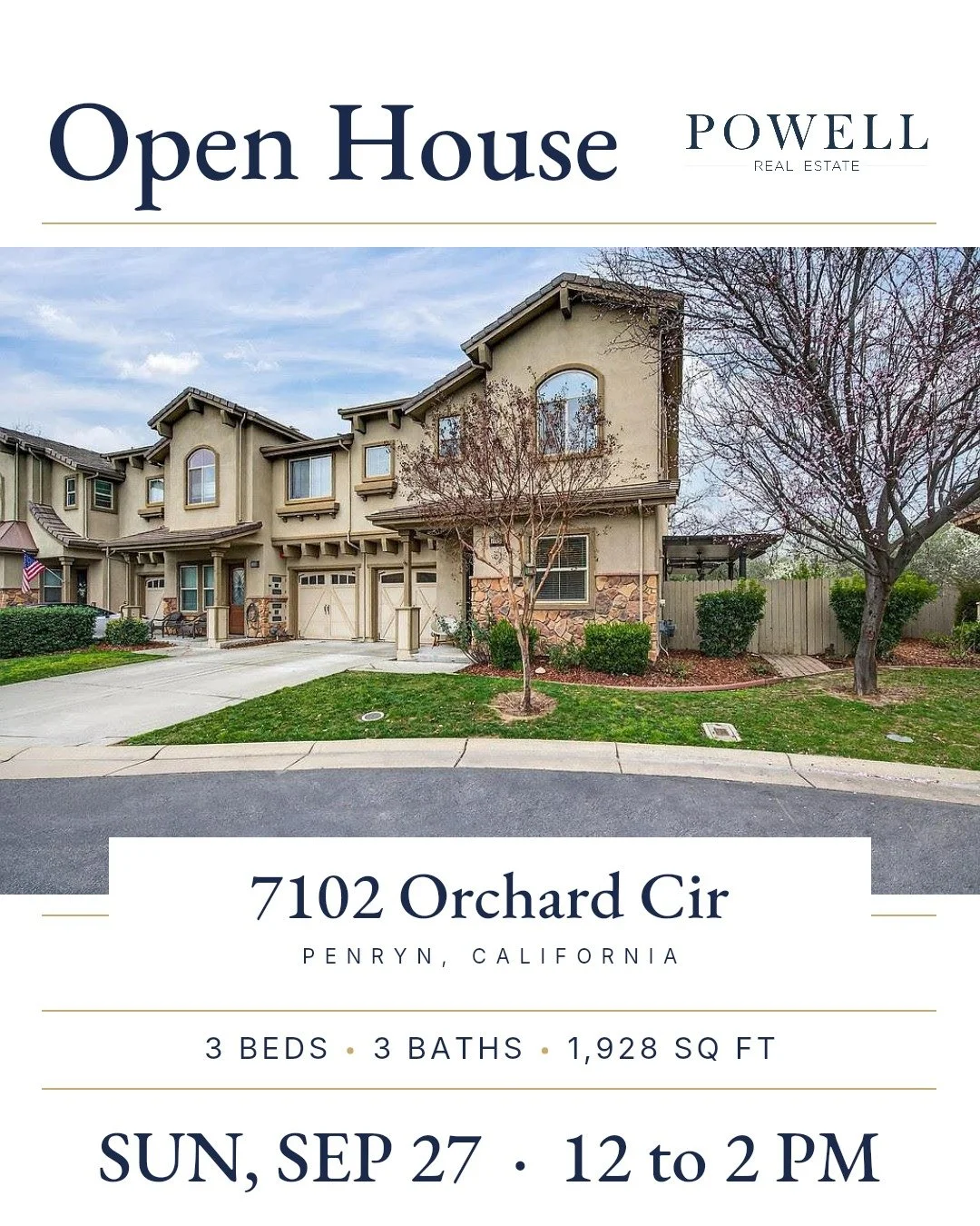 📅 Sunday, September 27 | 12:00 PM - 2:00 PM

📍 7102 Orchard Cir, Penryn, CA
💰 $569,000 | 3 Bed | 3 Bath | 1,928 Sq Ft

Why stop by? Here are a few highlights:
🌳 Private corner lot with mature trees behind
🍽️ Fully remodeled kitchen with modern f