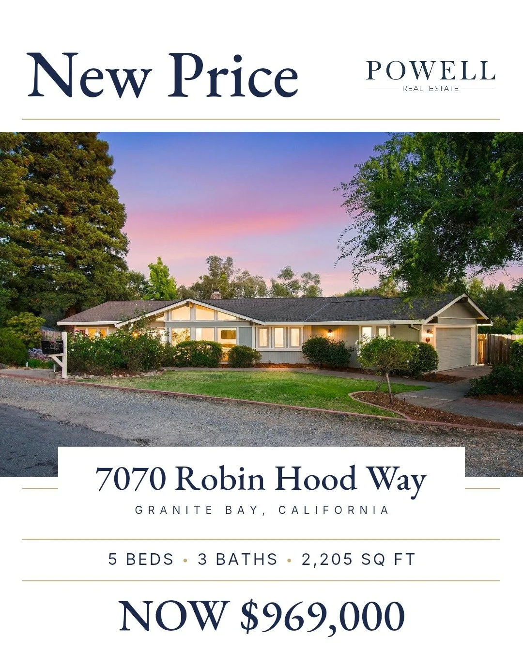 Price improved in Granite Bay. Now listed at $969,000, you can enjoy an array of features on nearly half an acre.

Highlights of 7070 Robin Hood Way:
🌳 5 bedrooms and 3 baths in a thoughtfully updated single-story layout
🏊&zwj;♂️ Dive into the 9-fo