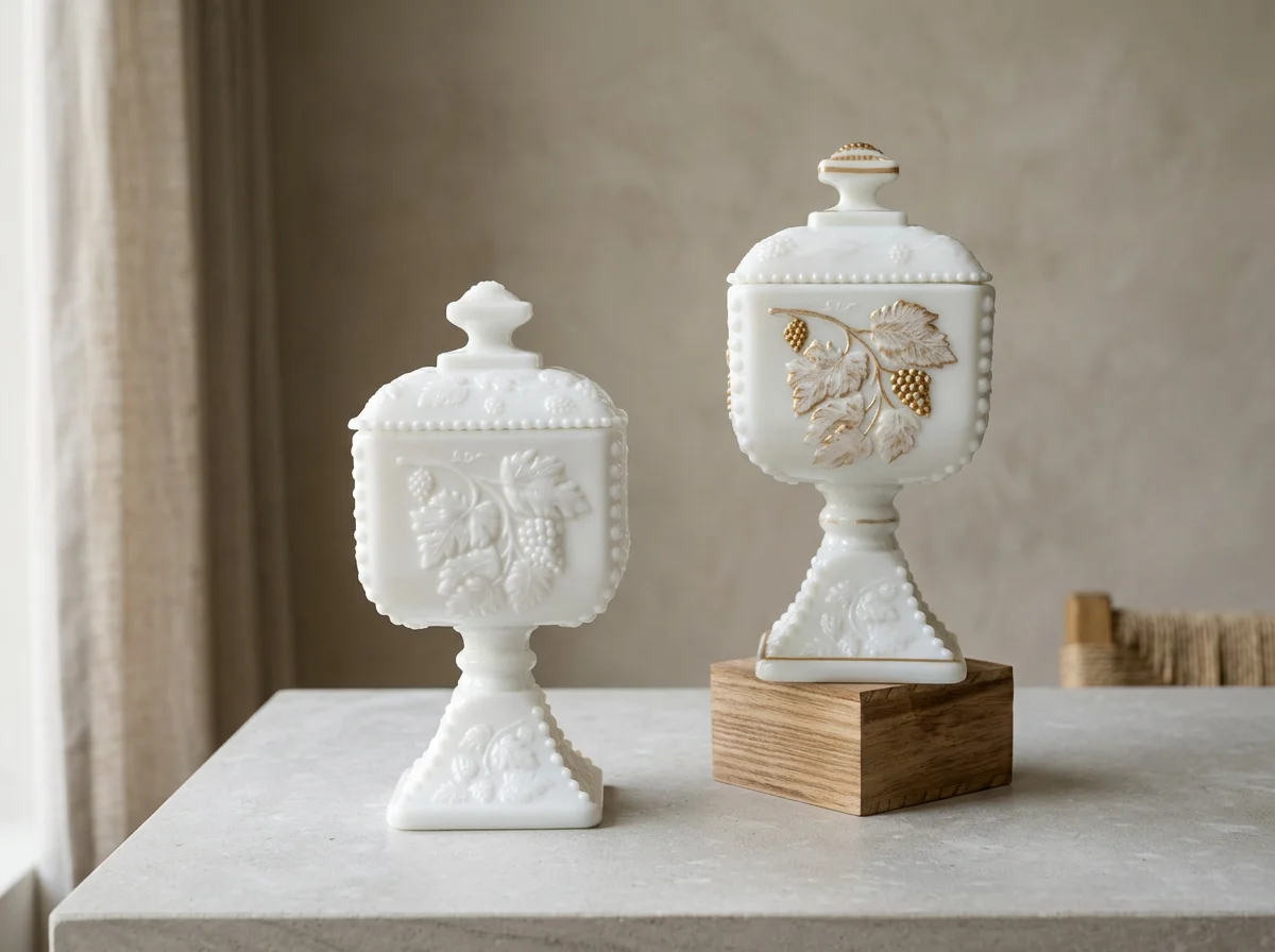 MILK GLASS AUTUMN HARVEST PATTERN LIDED COMPOTE