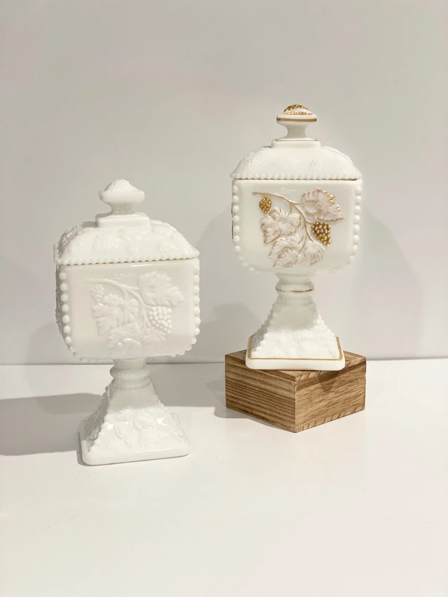 MILK GLASS AUTUMN HARVEST PATTERN LIDED COMPOTE