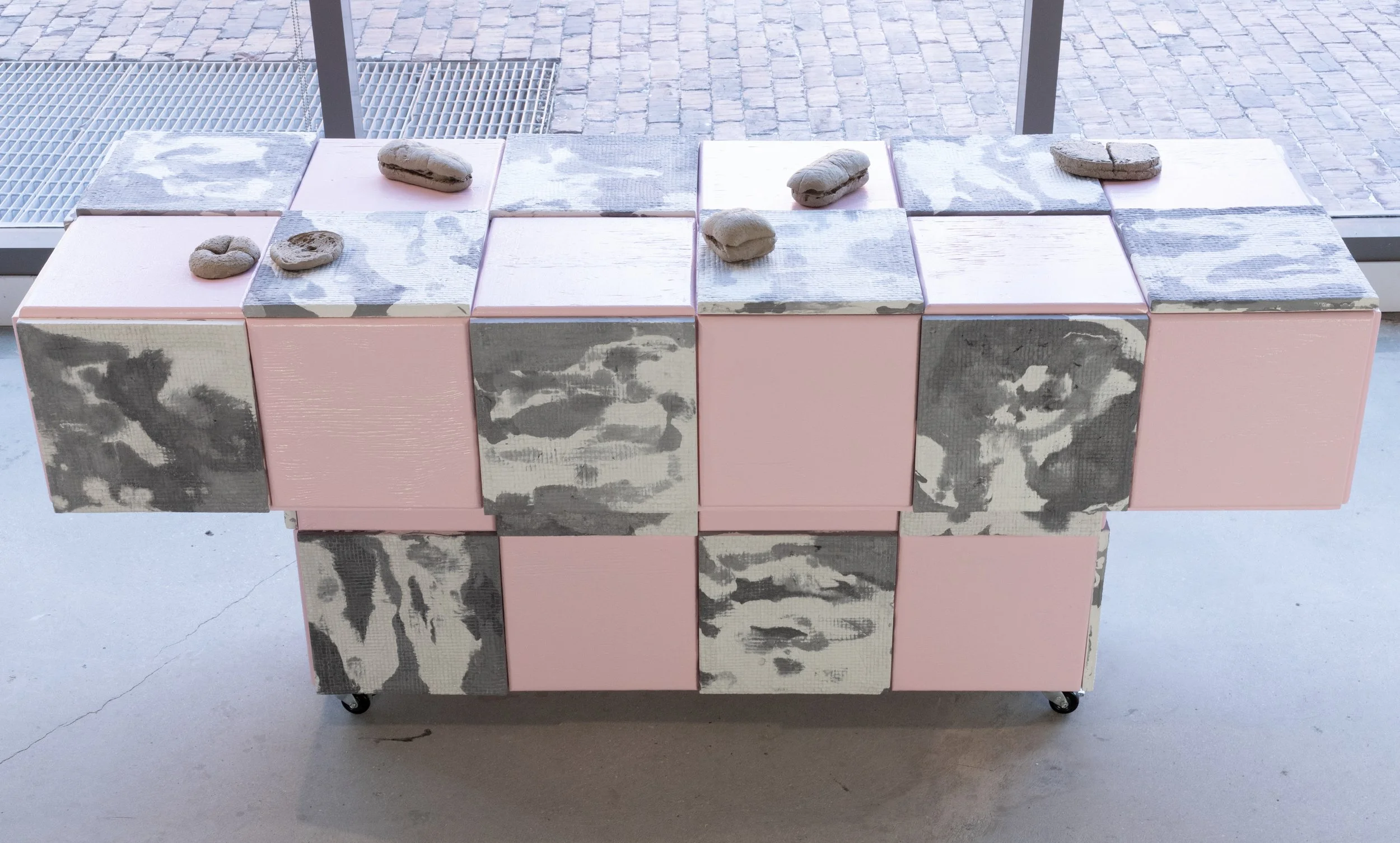 "Brutal Boogie" (2022). Cast cement, powder pigment, wood, paint. 72" x 36" x 24" 
