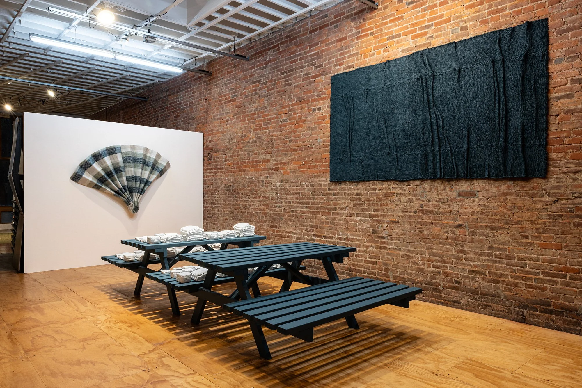   Baroque Barbeque   2025  Wool, cotton, natural dye (indigo), corrugated cardboard 48" x 66" x 7"   Portals   2025  Wood, colour-matched paint 26" x 143" x 60"   Medusa   2025  Plaster, white gallery-wall paint 1" x 3" x 4" (smallest), 7" x 9" x 7" 