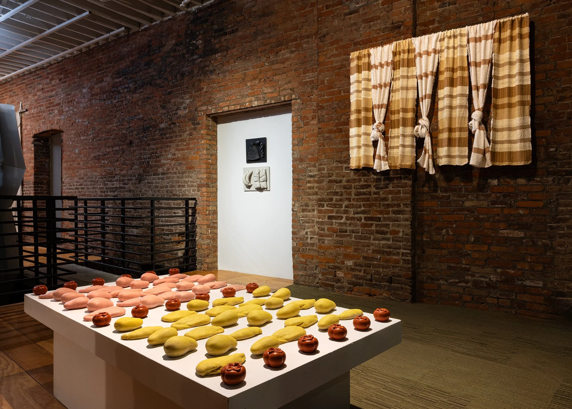   The Smell of Sunlight   2025  Cotton, linen, wool, natural dyes (annatto, onion skin, avocado, turmeric) 60" x 81" x 4"   Familiar, Fiction, Fillet   2024  Wax, pigment, oil paint 3” x 5” x 2” (smallest), 4” x 3” x 8” (largest)   Wild and Known   2