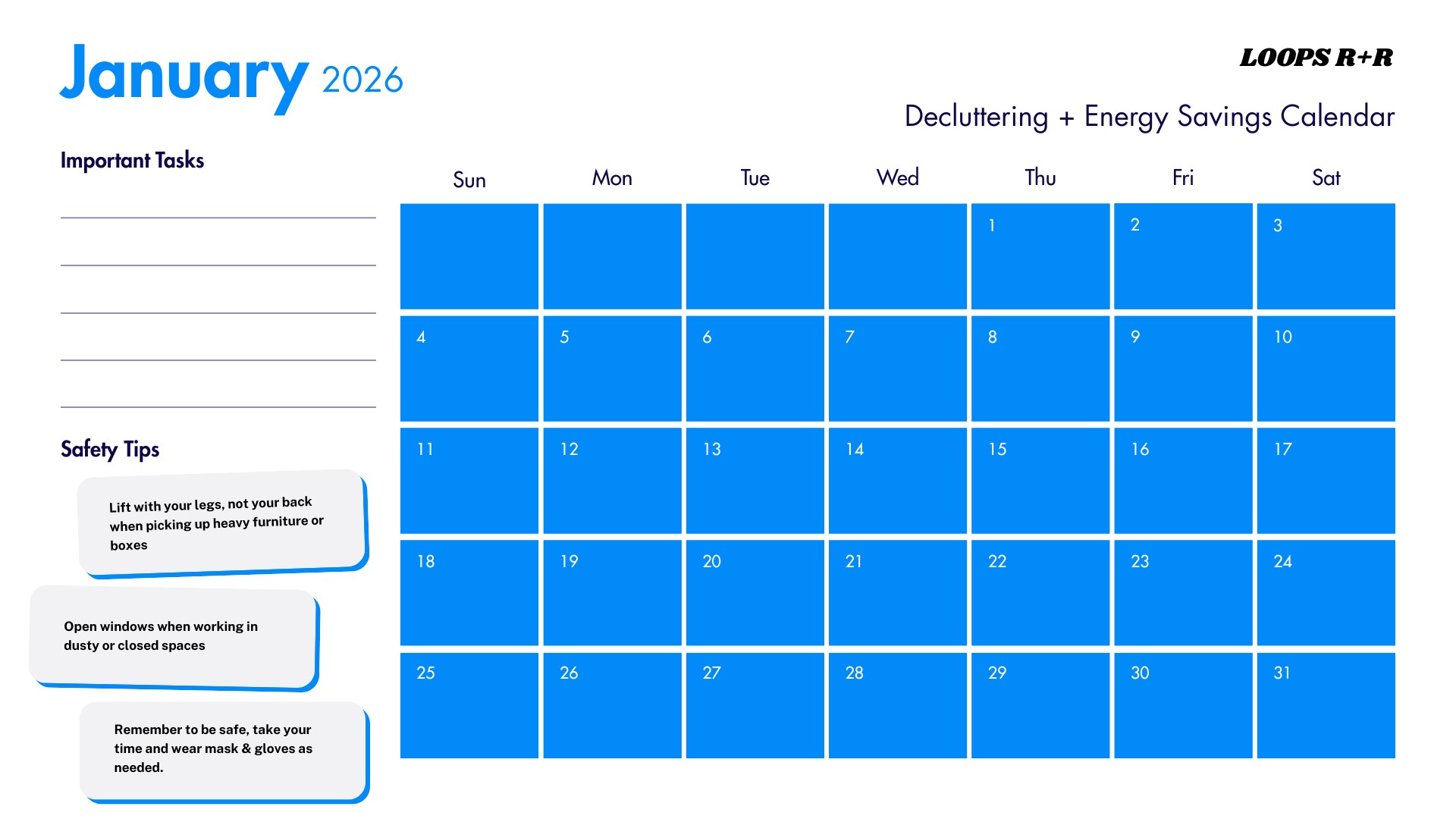 LOOPS R+R Blank White/Blue January Decluttering & Energy Savings Calendar