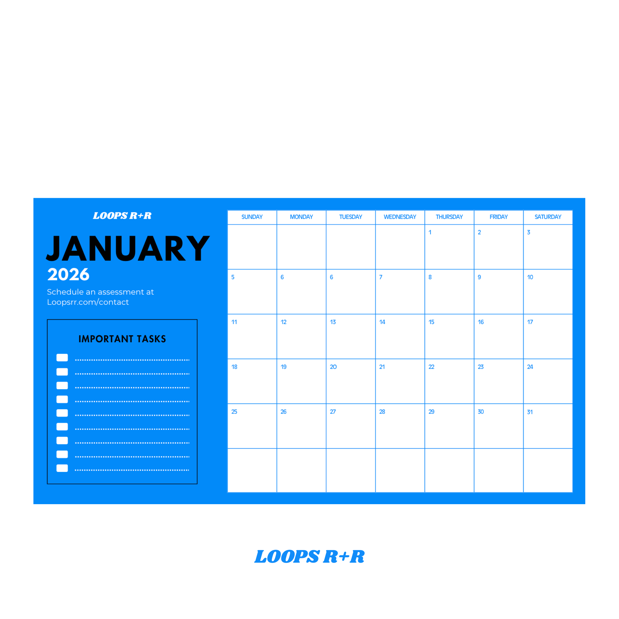 LOOPS R+R Blank Blue/White January Decluttering & Energy Savings Calendar