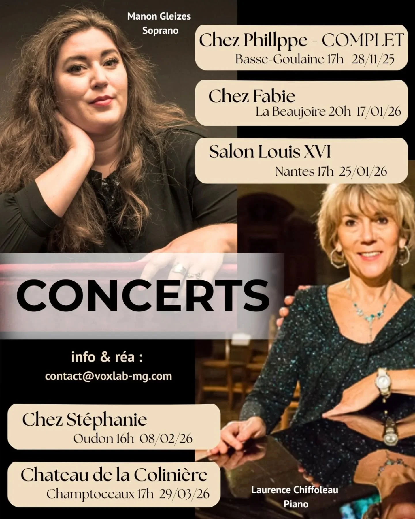 [𝐂𝐎𝐍𝐂𝐄𝐑𝐓𝐒]

Vous avez &eacute;t&eacute; plusieurs &agrave; demander un visuel comprenant la liste des concerts de musique de chambre pr&eacute;vus, voici donc!

💬 O&ugrave; ? Chez des particuliers
Oui oui, des particuliers qui ont un piano &