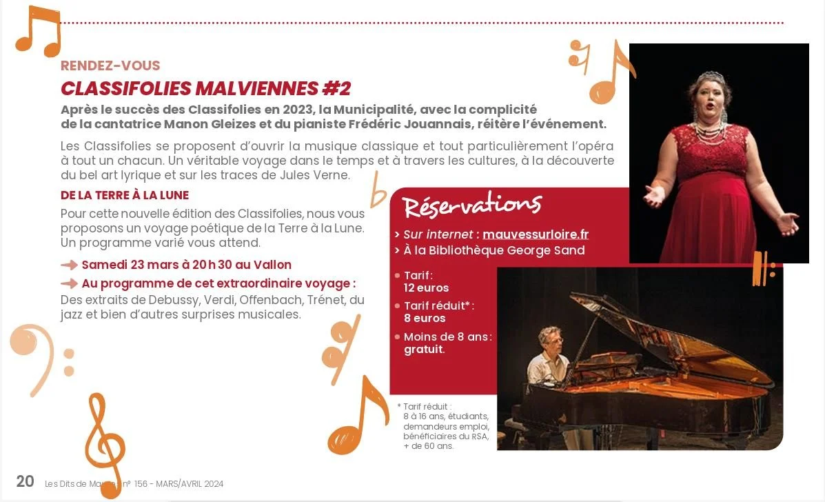 A flyer for Classical Performances in Vienna, featuring a singer in a red dress and a pianist at a grand piano on stage