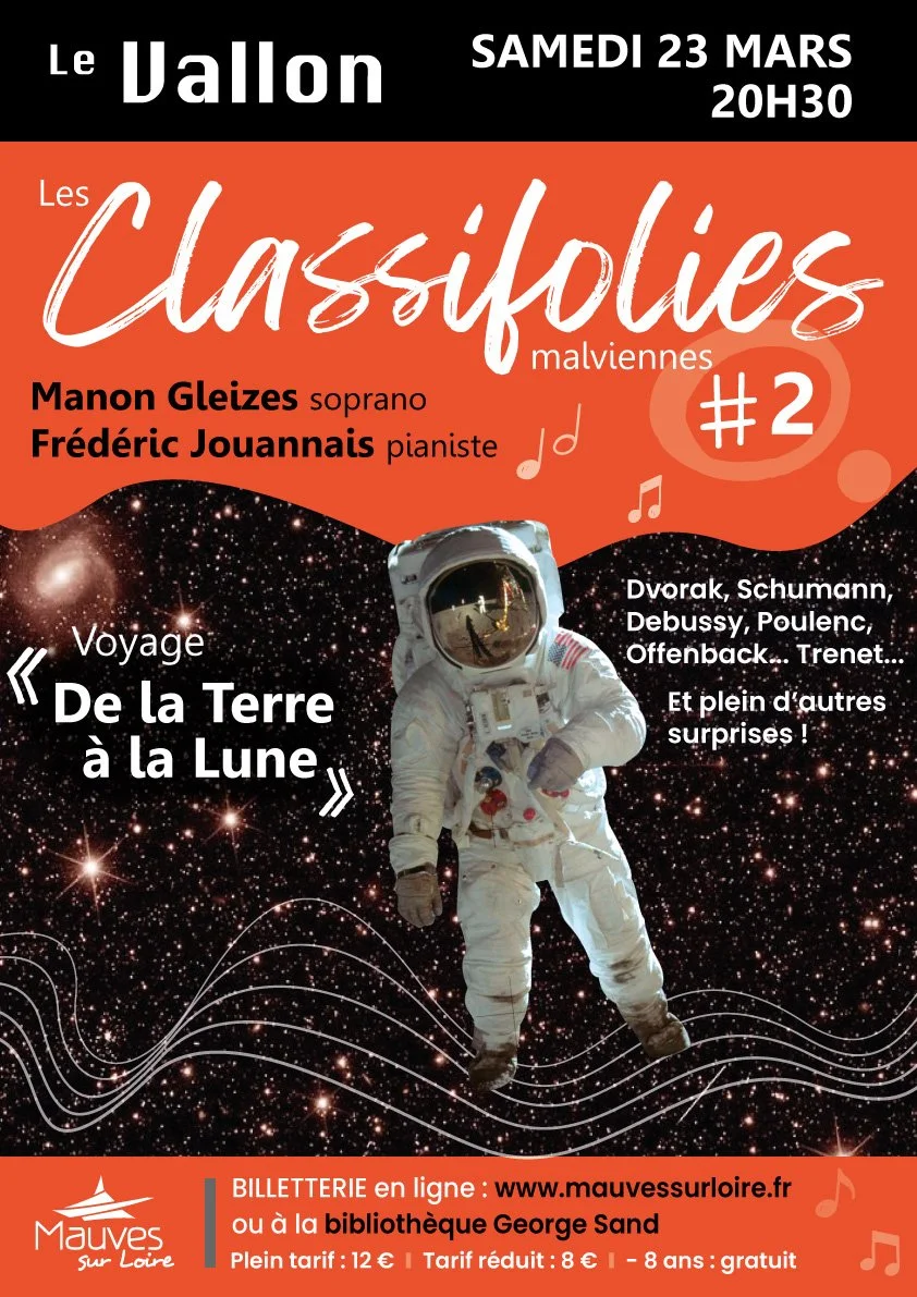 Poster for a concert titled "Les Classifolies maliennes" happening on Saturday, March 23 at 8:30 PM, featuring artists Manon Gleizes and Frédéric Jouannais, with a space-themed background, an astronaut, and event details.