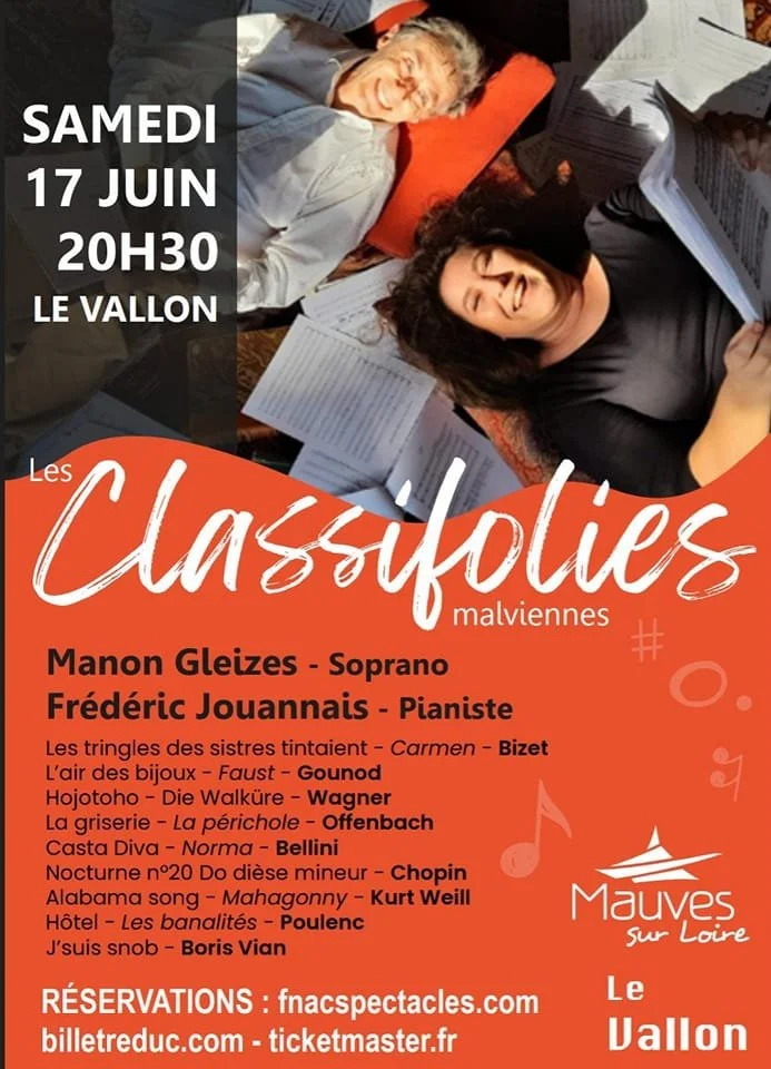 Concert poster announcing an event titled "Les Classifolies Malviennes" on Saturday, June 17 at 8:30 PM at Le Vallon. Features performers Manon Gleizes (soprano) and Frédéric Jouannais (pianist). Includes a list of classical pieces and composers such