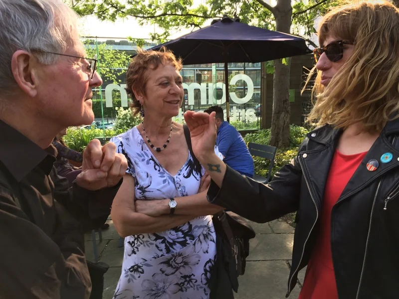 After the talk, with Max Eastley (Whirled Music, 1980) and stage designer Pamela Marre.