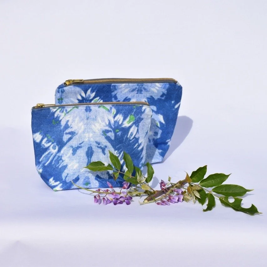 This zipped small Pouch is designed using our new design Chester Stripe in Indigo with a lining in Curved Metal Green both  100% Linen.  This is a lovely way to check out our fabrics before purchasing more.
The bag is perfect for holding make-up or o