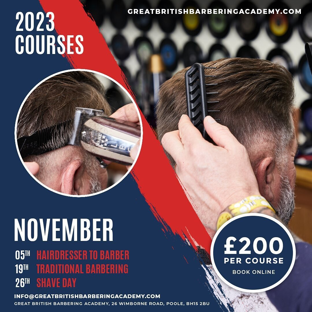 The last three GBBA courses of this year in poole.
Nov 5th Hairdresser to Barber
Nov 19th Fades and Blades
Nov 26th Shave Day

Book now at www.greatbritishbarberingacademy.com #barberlove #Barberlife #barber #menshairdressing #mensgrooming #barberedu