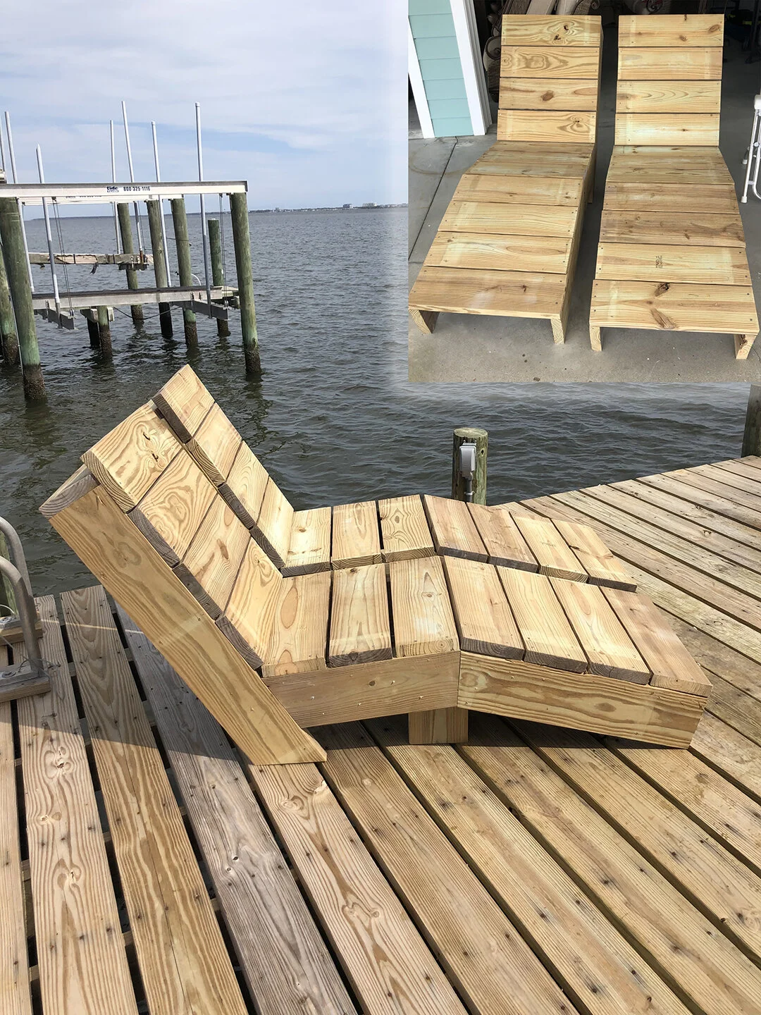 Handmade dock chairs built from leftover scrap from dock renovation.