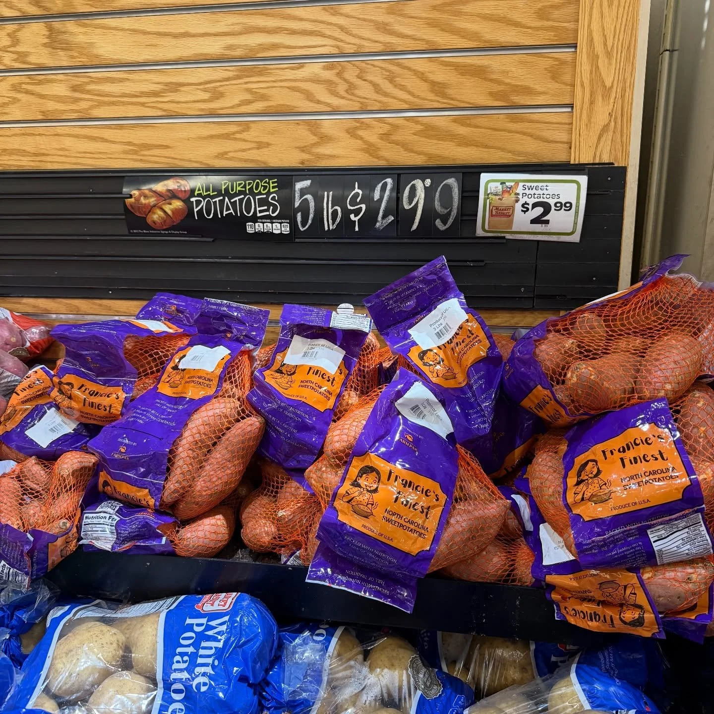 Francie&rsquo;s Finest spotted in the wild 🤩

Our new brand is now available at a @marketbasket near you!

For our NC friends, give us a call to purchase a bag and we&rsquo;ll have it ready for pickup at our office.

#sweetpotatoes #ncsweetpotatoes 