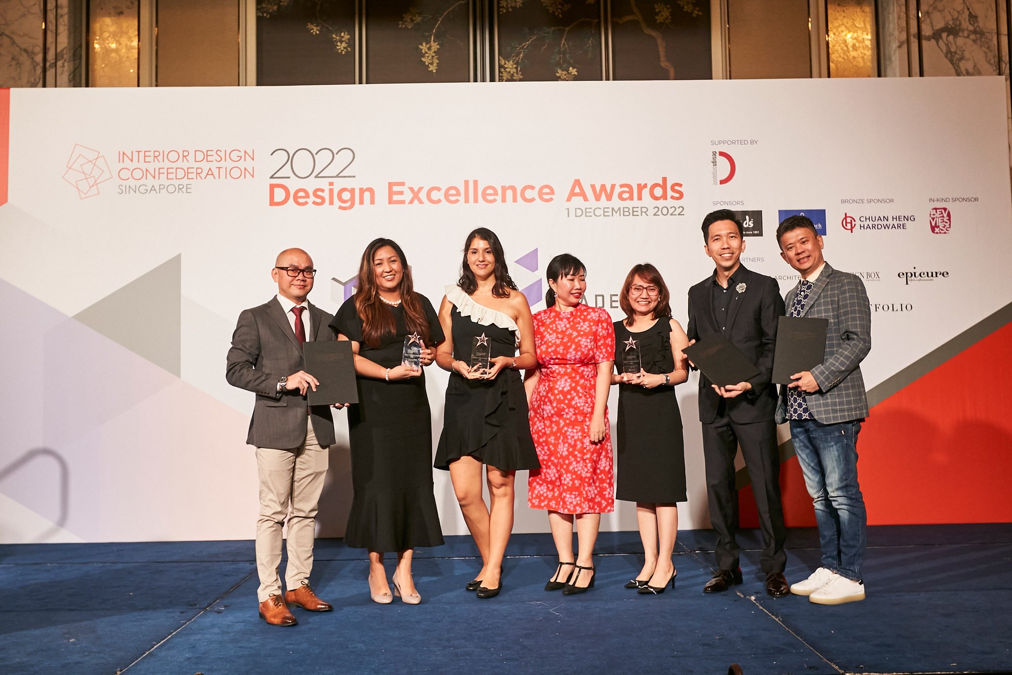  All four Best Workplace Design Award category recipients together on stage with Epicure editor Nida Seah, who presented the awards.   