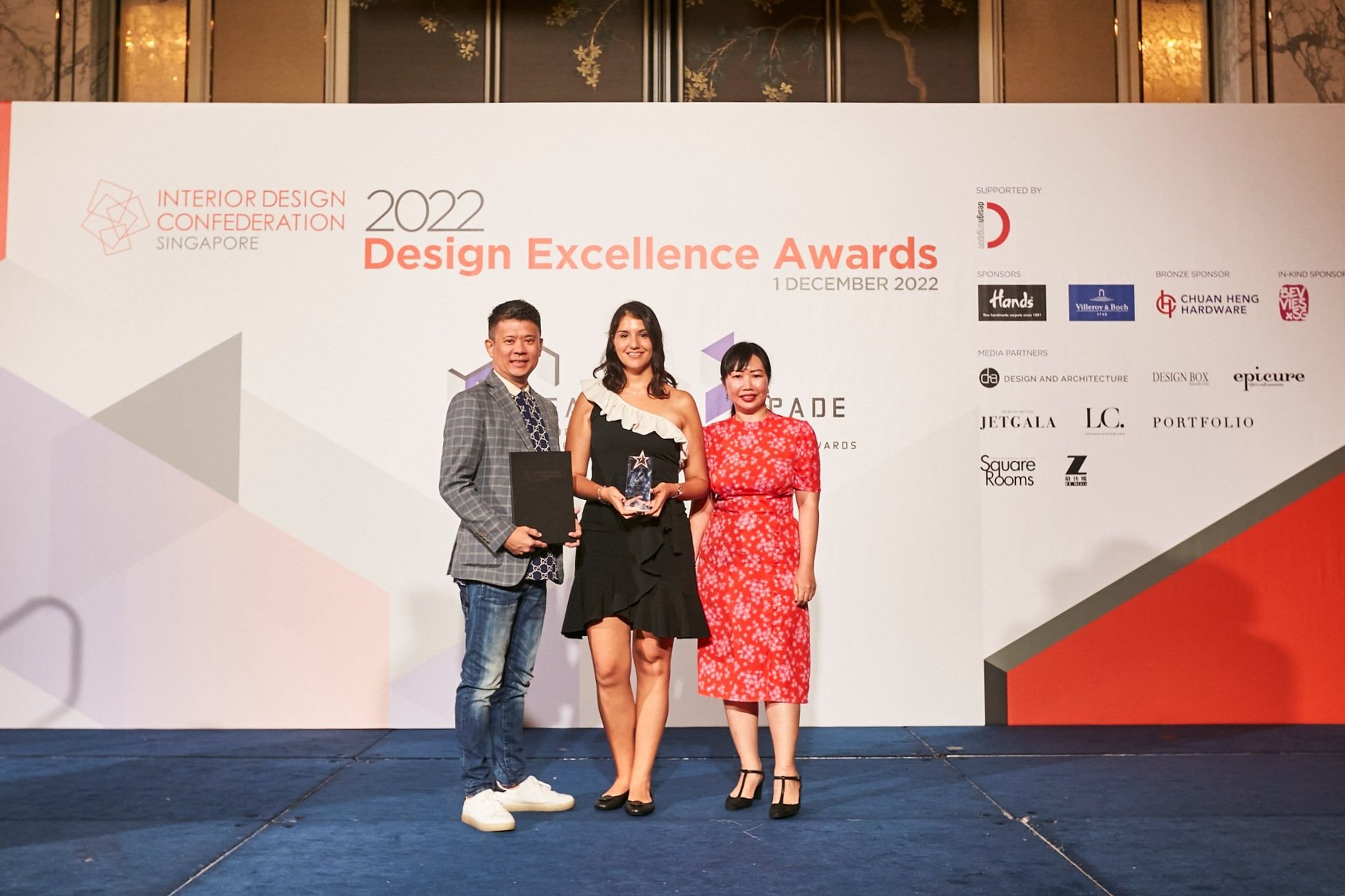  Associate Project Director, Roy Ngai, with Decathlon’s Architectural Designer &amp; Construction Project Manager, Esra Cetinel, on stage, to receive the Bronze award in the Best Workplace Design  ≥ 5001 sqf category.   