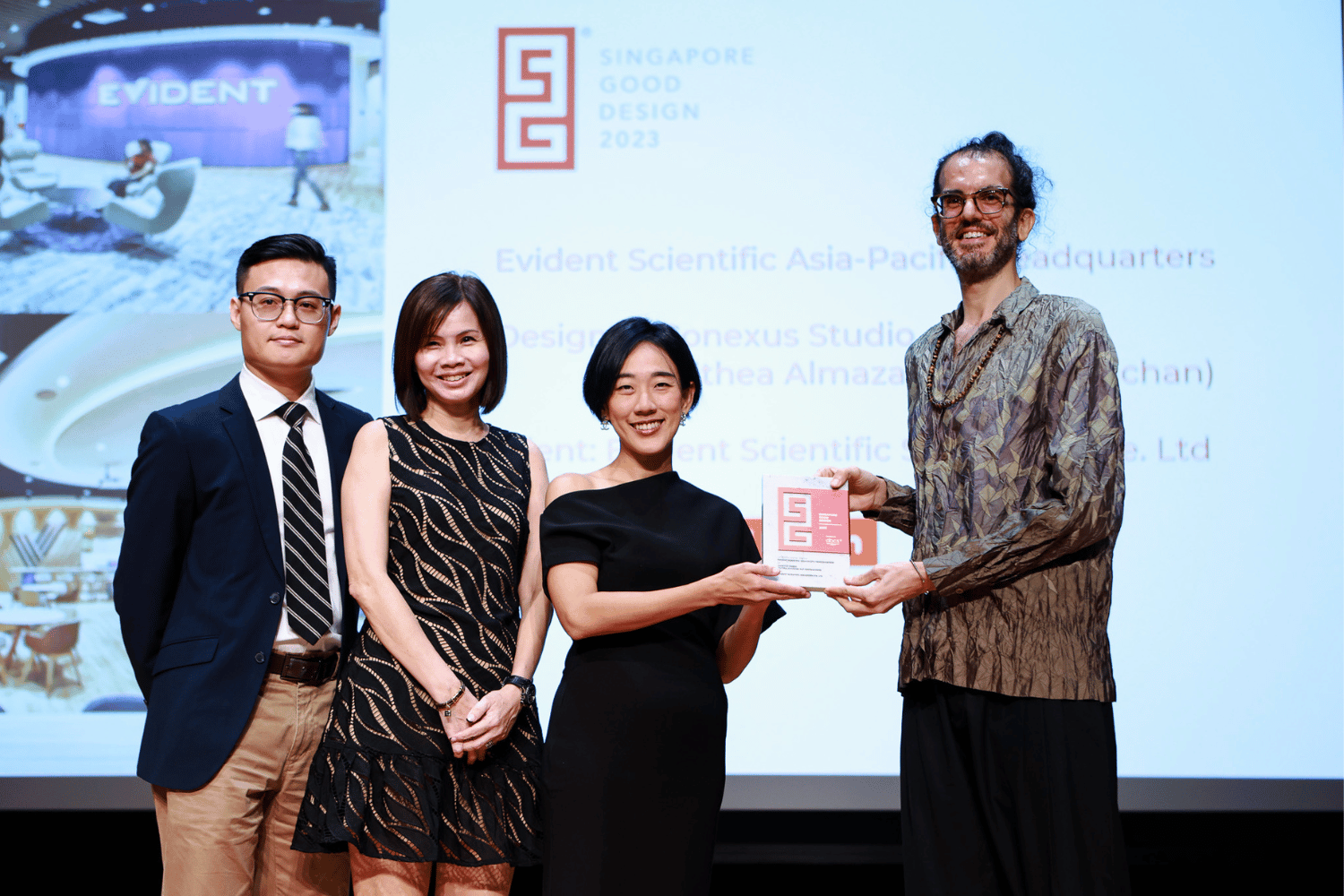  Representing the team for the Evident Asia Pacific office design award win: (from left): Manager, APAC Administrative Business Partner, Jacelyn Koh, Brand &amp; Creative Lead, APAC, Jonathan Ha &amp; Associate Design Director Nat Jentraichan. 