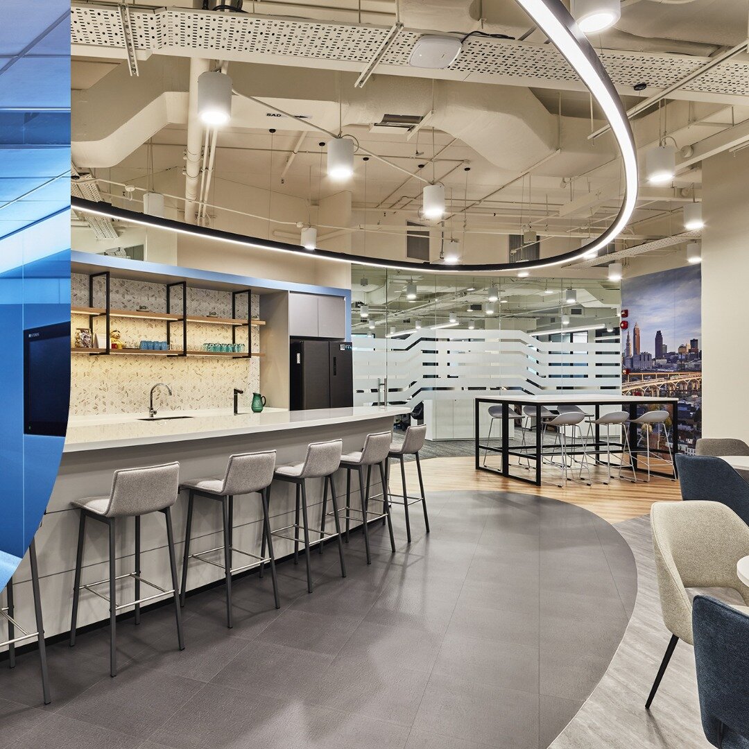 [1/3] Thrilled to have worked with Steris in the design &amp; build of their new office. The dynamic interplay of form and function, inspired by Steris' distinctive logomark, sets the stage for a visual journey throughout the office. Soothing colors,