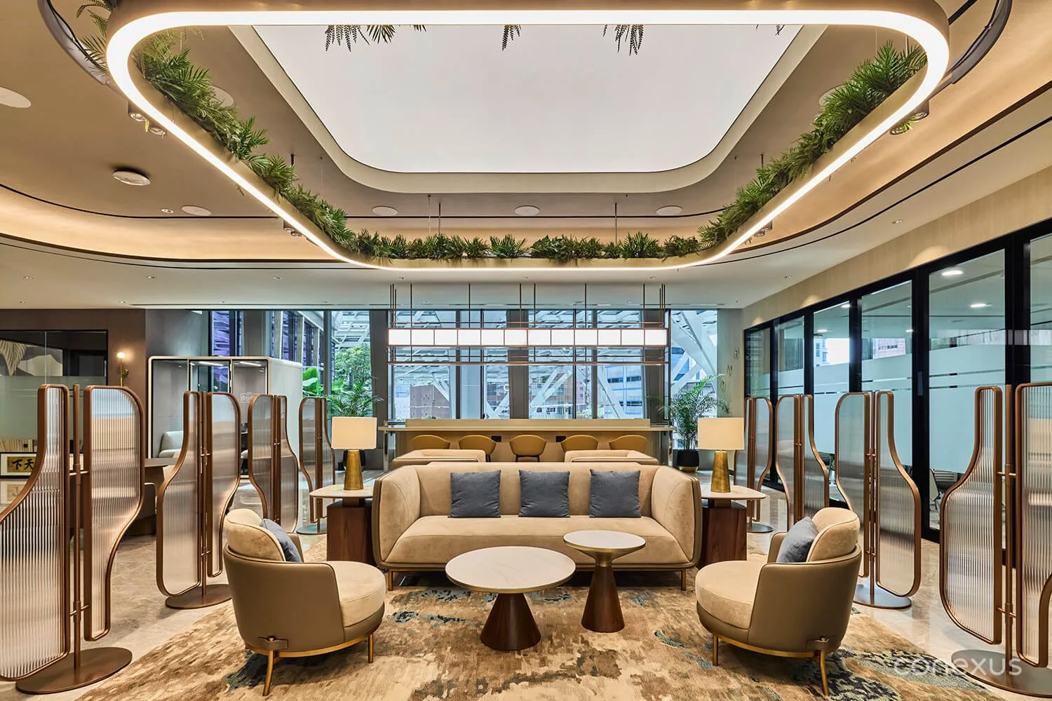  Bespoke screens offer a sense of privacy while maintaining the office design’s airy, open feel. 