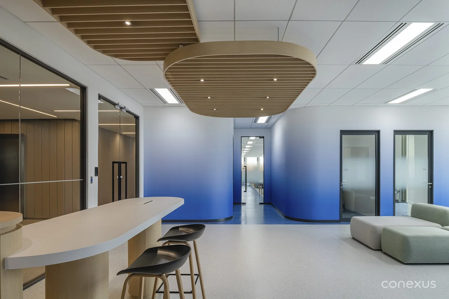  A central social hub anchors the layout, guiding movement between north and south zones. 