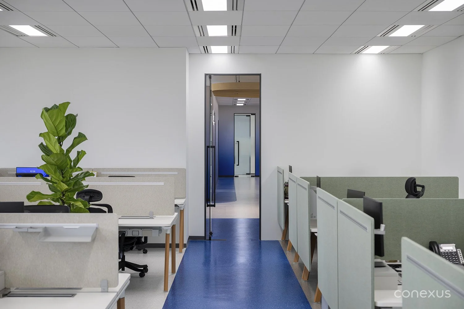  A direct visual link connects the work zone to the central arrival hub. 