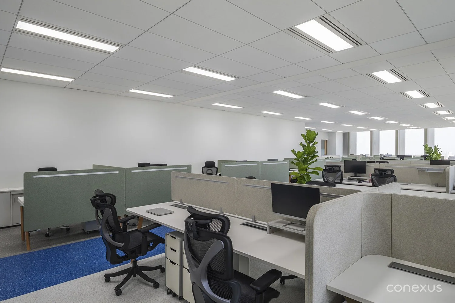  Workstations combine privacy and openness through clean, flexible zoning. 