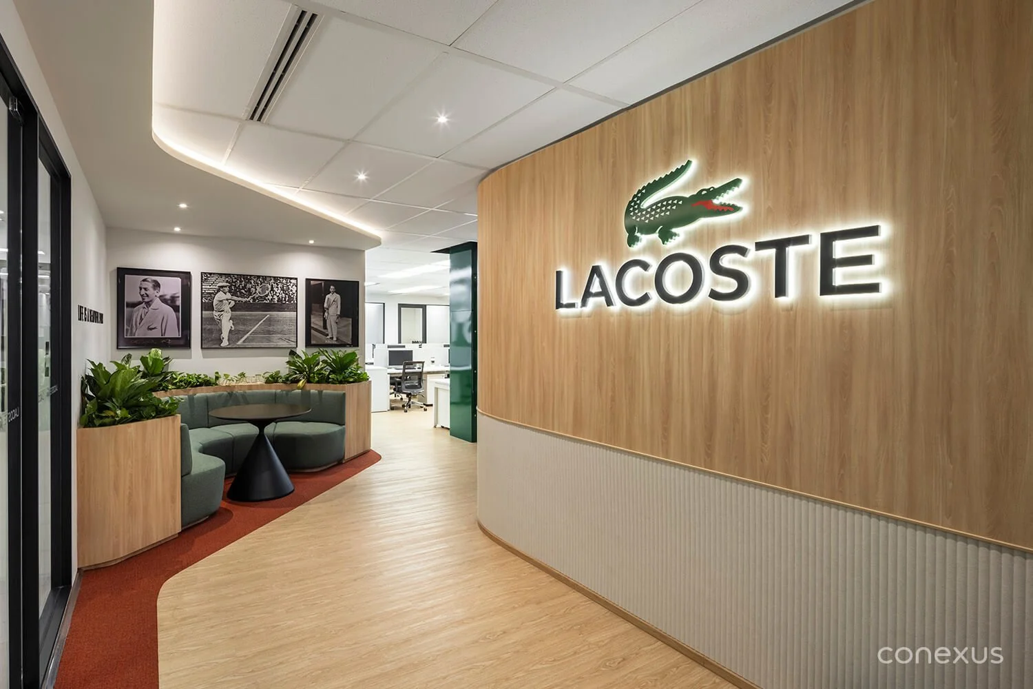  A reception that draws from Lacoste’s retail identity, establishing a familiar brand experience from the point of arrival. &nbsp;  