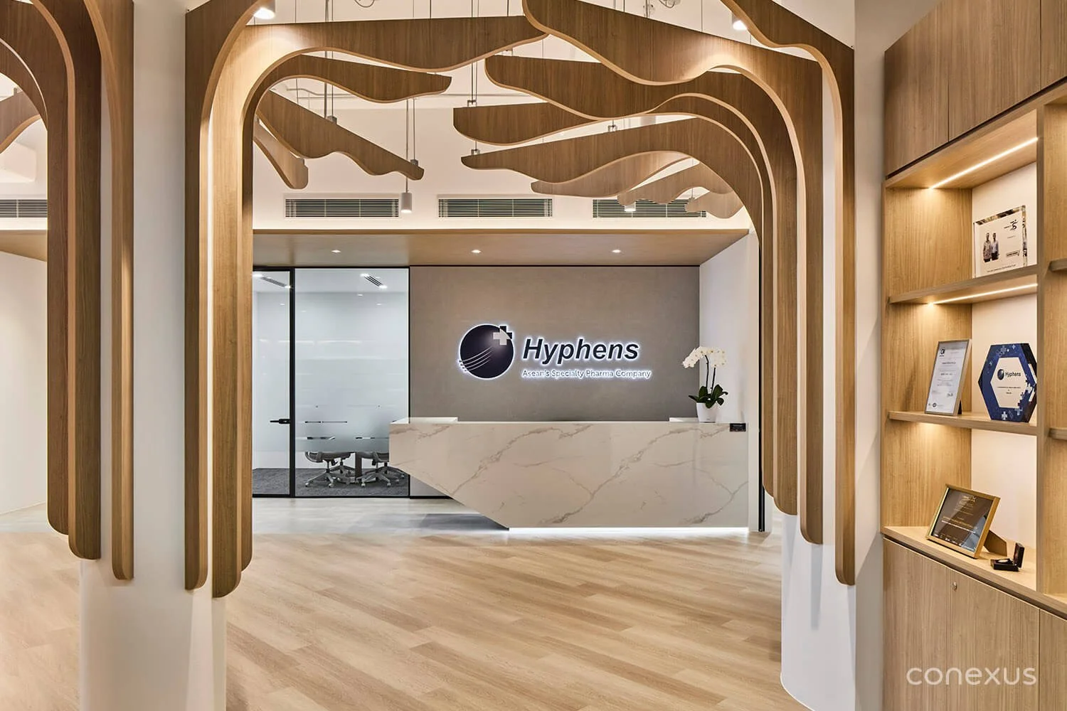  Sculptural timber forms inspired by organic growth create a distinctive arrival and establish a visual language that continues across both floors. 