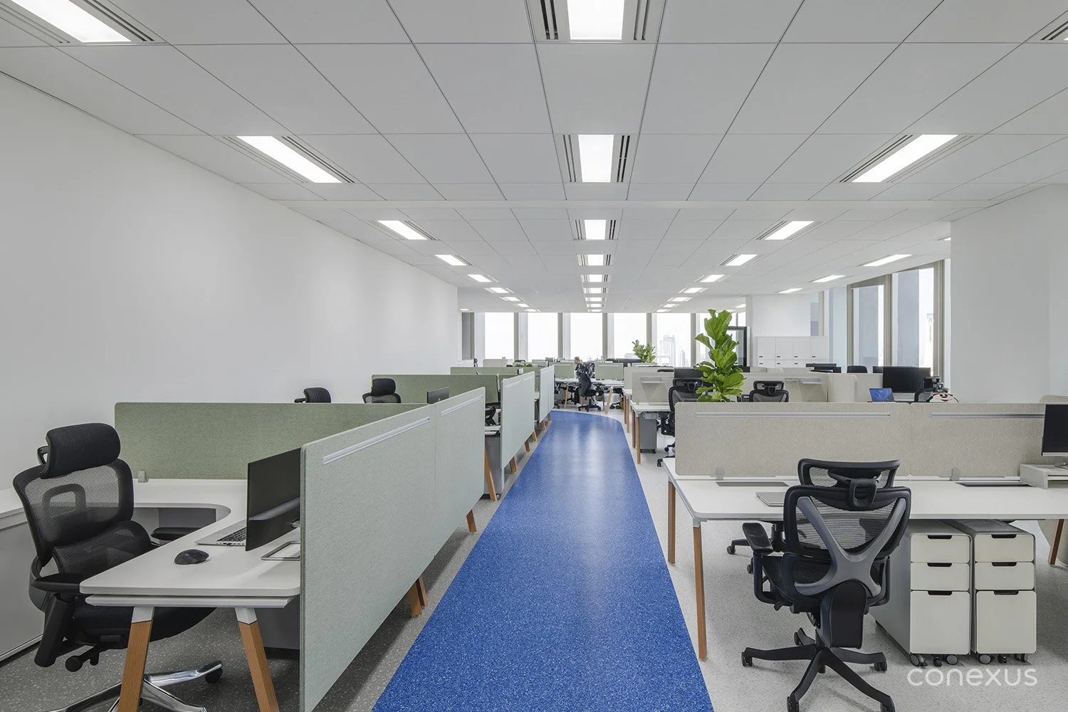 Samsonite workplace open plan workstation blue floor corridor Bangkok