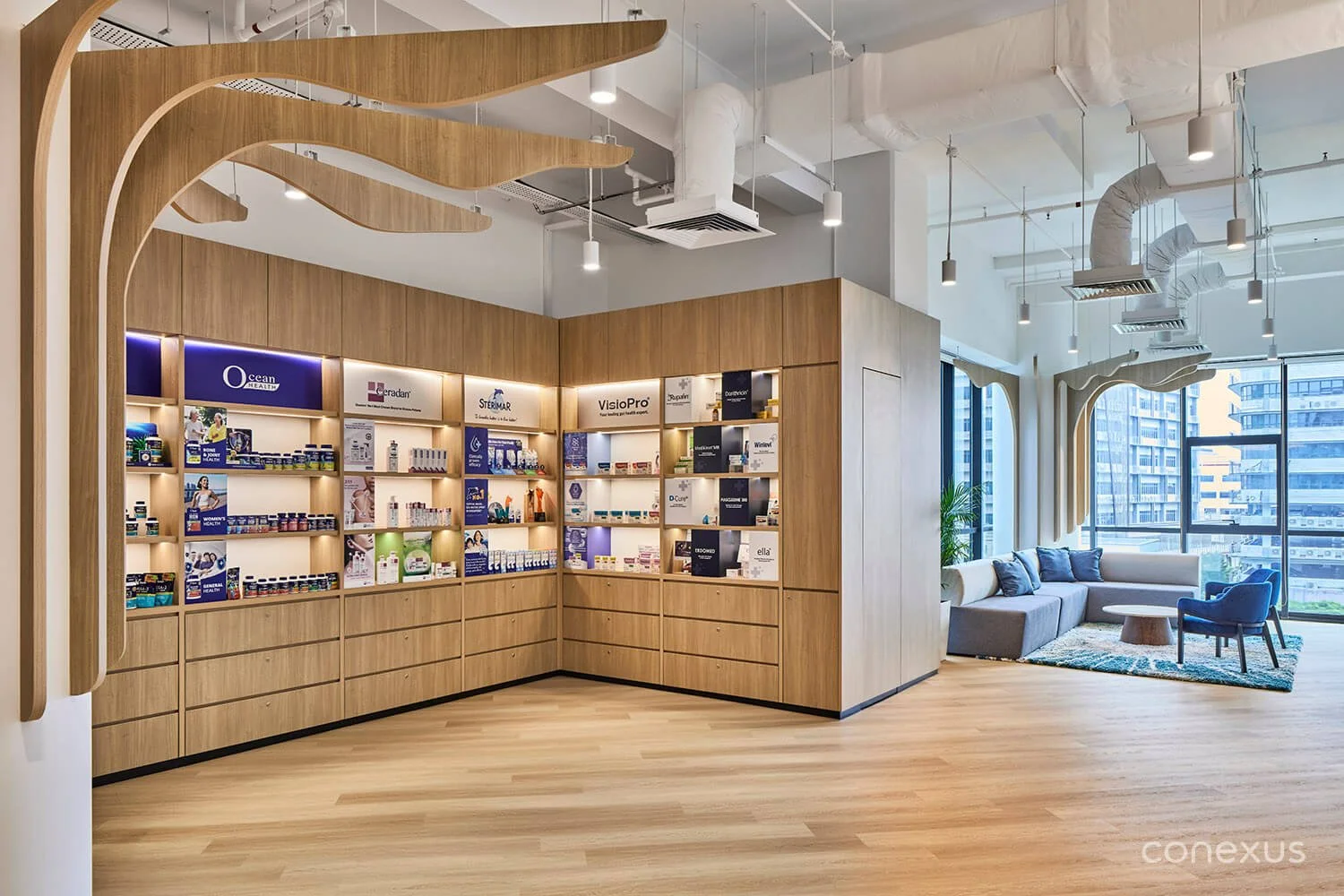  Product displays are integrated into the spatial experience, giving Hyphens Pharma’s portfolio a visible presence within the office. 