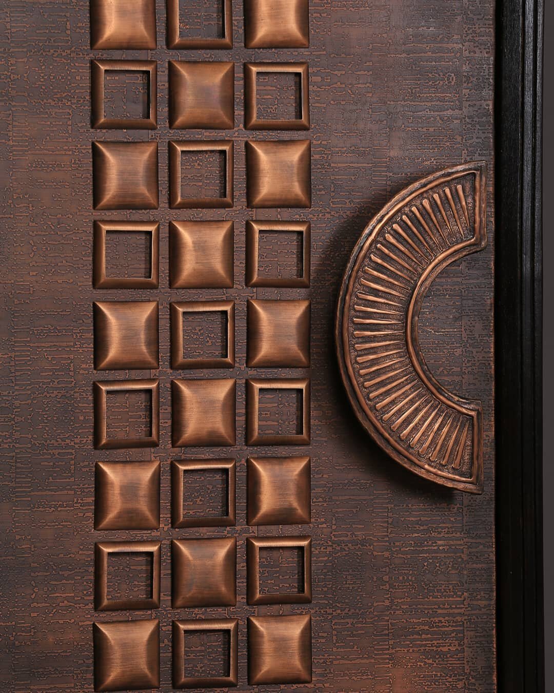 Although the inspiration of this door is still a myth but the elegance present in every casted copper gem is real . 
All these casted gems are embedded over handtextured copper skin .
Furthering the elegance , a copper casted handle have been incorpo