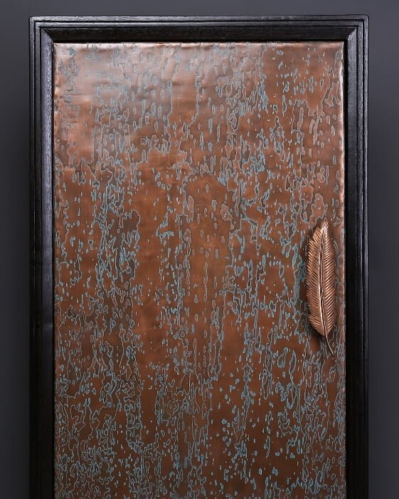 Why we do this ?..

Because we  are truly in love with copper . The door is called Patina Salt . It is our artisans expertise that we are able to achive such complex and beautiful shapes , textures and effects .
Copper patination is one of the oldest