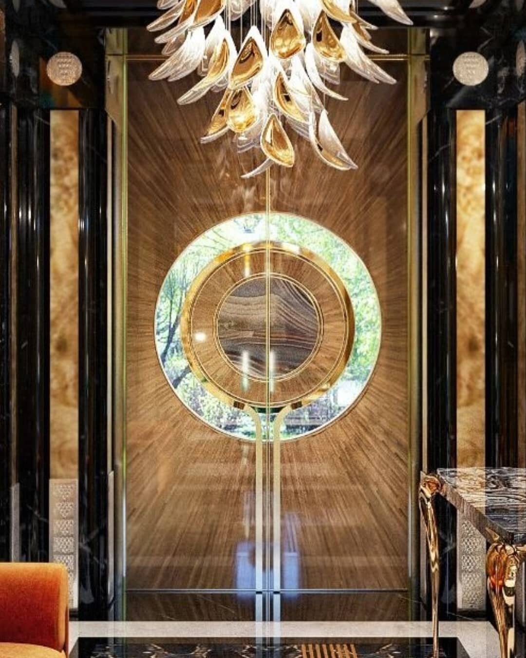 #inspiration , Love the double door entrance of a residence located in Russia. A beautiful glass seethrough has been created around the periphery of Mother of pearl door handles . The door also incorporates brass rod handles which perfectly complemen