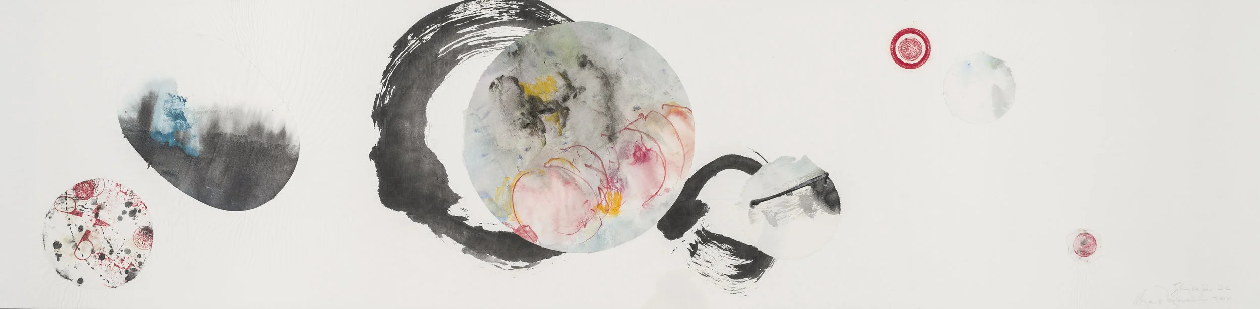 Zhujiajiao Soundings #2 - 2014 Watercolor, colored pencil, sumi ink, collage, Chinese red ink and stamps on handmade paper 13 in. x 48 in.