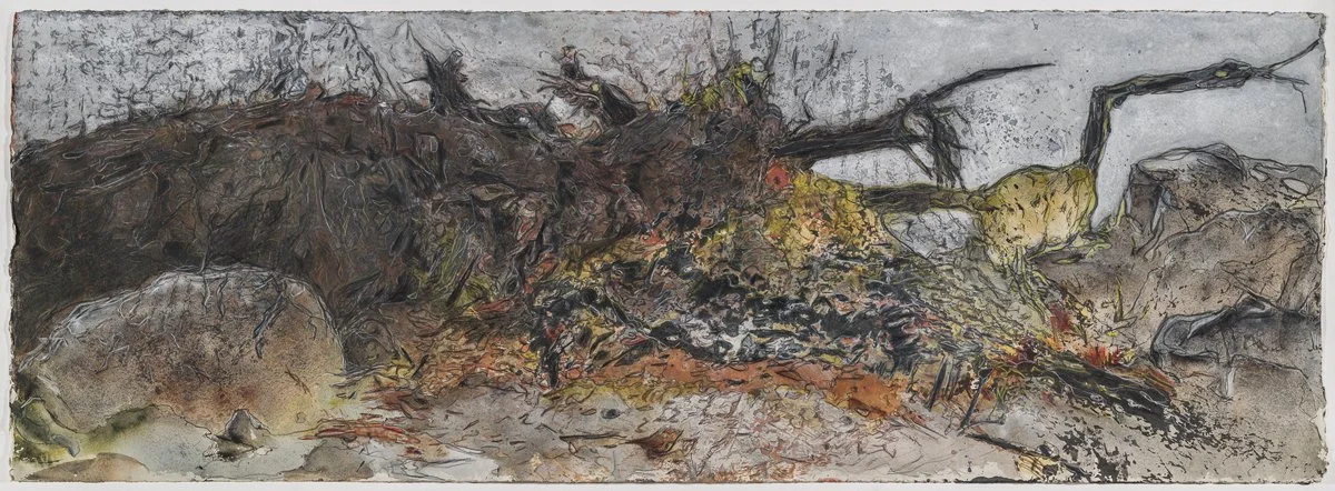   Swept Away  – 2023 Litho-ink bar rubbings of fishing nets on paper, with watercolor and color-pencil 16” x &nbsp;44.25” 