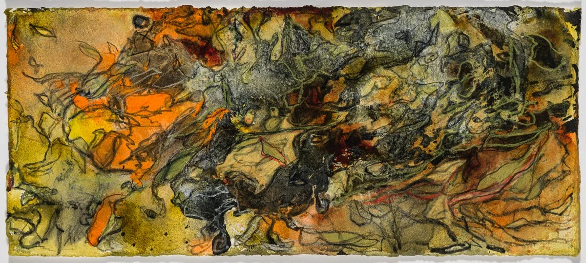   …in ebbing currents –  2023 Litho-ink bar rubbings of fishing nets on paper, with watercolor and color-pencil  4.5” x 10.5”  &nbsp;&nbsp;&nbsp;&nbsp;&nbsp;&nbsp;&nbsp;&nbsp;&nbsp;&nbsp;&nbsp;  &nbsp;&nbsp;&nbsp;&nbsp;&nbsp;&nbsp;&nbsp;&nbsp;&nbsp;&