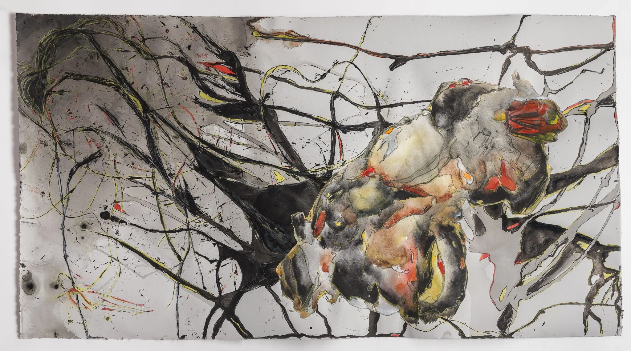   Departing – Fearlessly Buoyant &nbsp;&nbsp;– 2024 Collaged watercolor, sumi ink, acrylic ink &amp; color pencil on paper 26” x 47” 