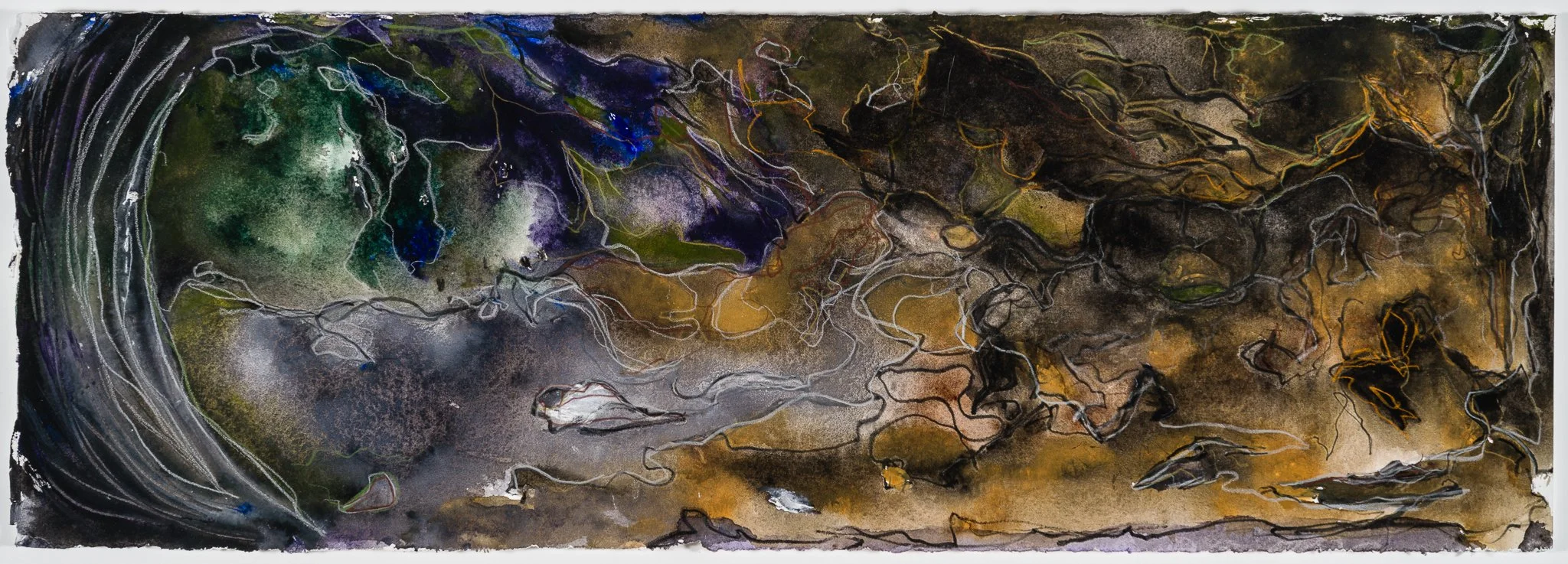   VIEWS OF THE HUDSON/ SEEING PURPLE–01  – 2023 Watercolor and color pencil on paper 7 ½ “ x &nbsp;22 ¼ “ 