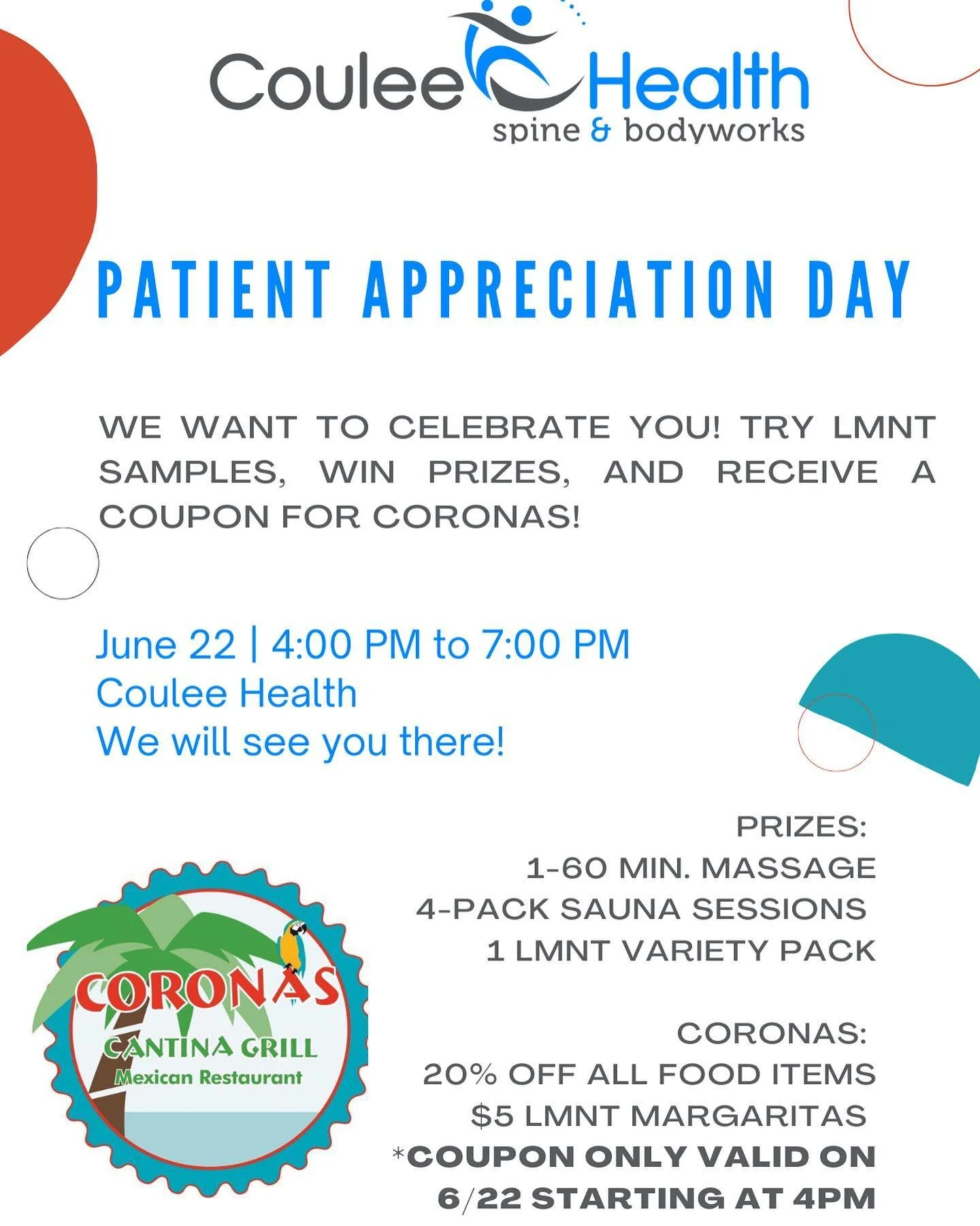 Please come join us on Tuesday, June 22 from 4-7pm to celebrate YOU! We will have a drawing for some cool prizes, a coloring table for the kids to help decorate the office, samples of LMNT electrolyte, coupons to Coronas next door, and much more! We 