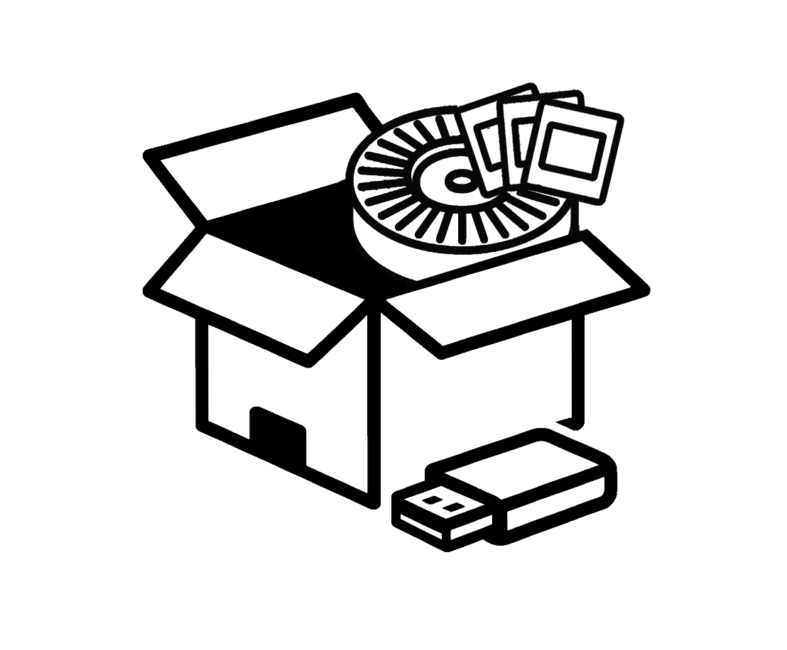 A graphic of a Kodak slide carousel in a box next to a USB flash drive.