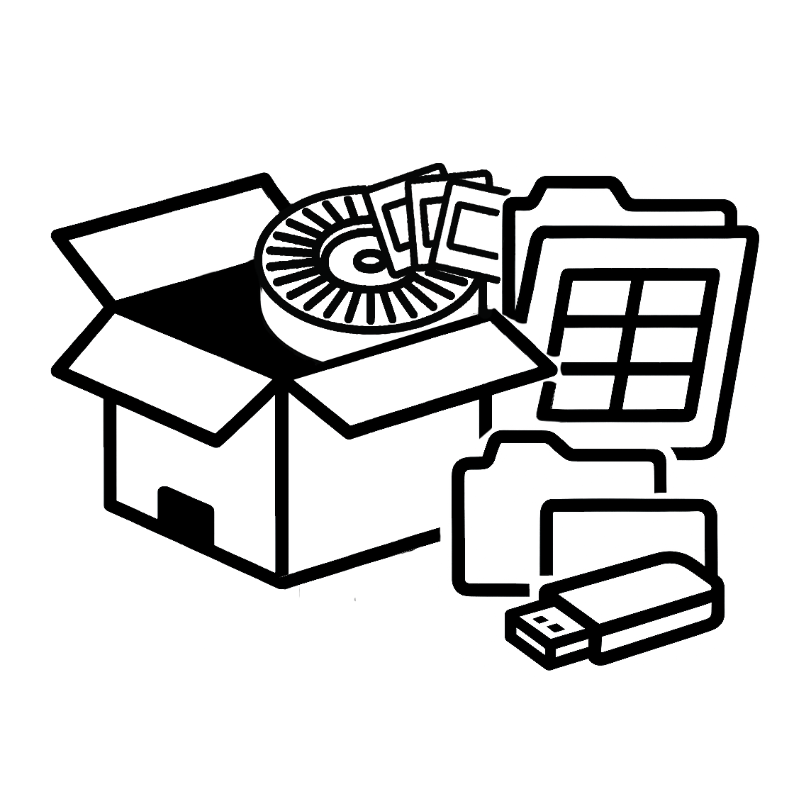A graphic of a Kodak slide carousel in a box next to a USB flash drive and a large collection of computer folders and files.