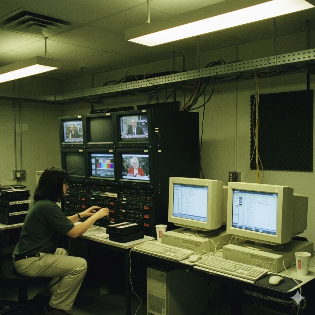 A woman sits working at a rack full of video equipment. Monitors show various TV news productions. Two old desktop computers are on a desk.