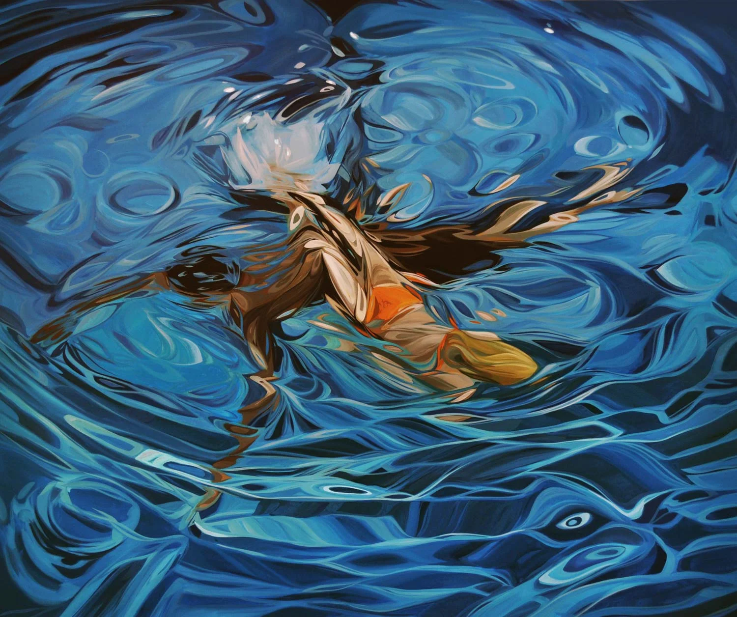 Benjamin Anderson, "Two Swimmers, Orange Bikini", 48"x60", oil on linen