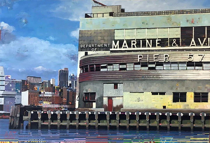 Catherine Mackey, "Waterside NYC.", 48"x70", mixed media on panel