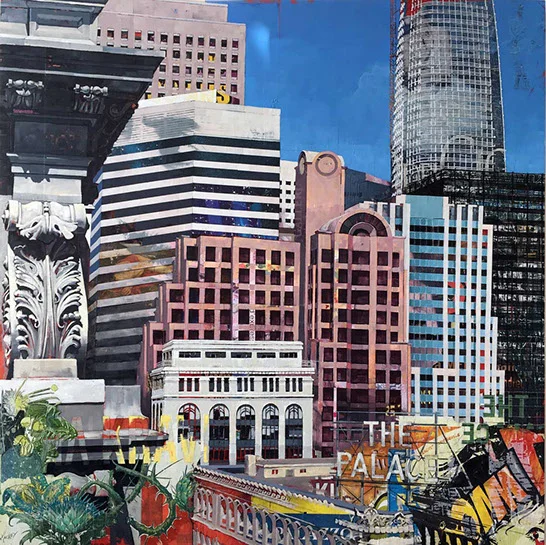 Catherine Mackey, "View From Kearny St.", 48"x48", mixed media on panel