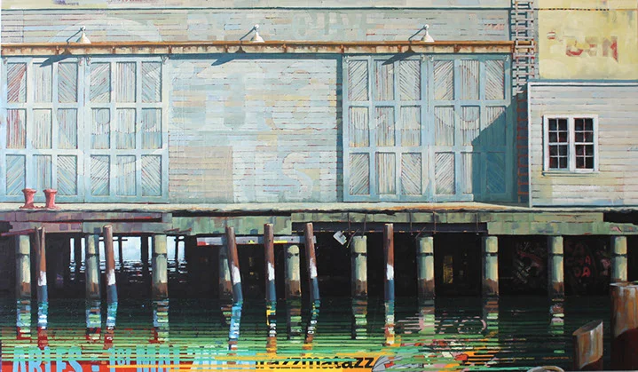 Catherine Mackey, "Pier 17", 42"x72", mixed media on panel