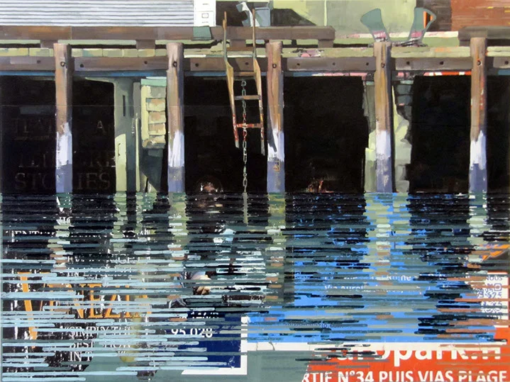 Catherine Mackey, "Pier (Venice)", 36"x48", mixed media on panel